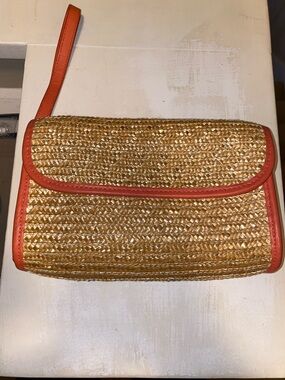 Old Navy Straw Wristlet Clutch with Coral Trim